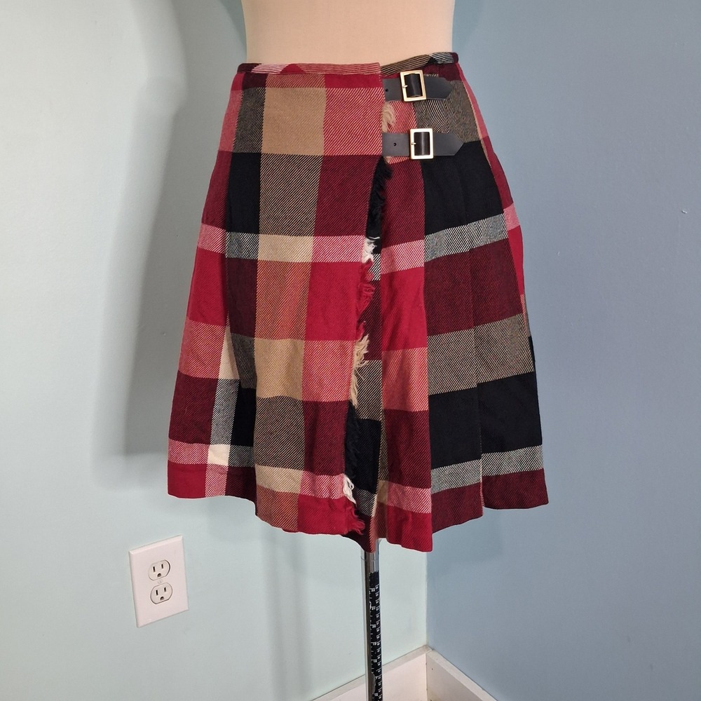 Blue Label Crestbridge Red Plaid Wool Wrap Skirt Pleated Kilt Fringe Size 38